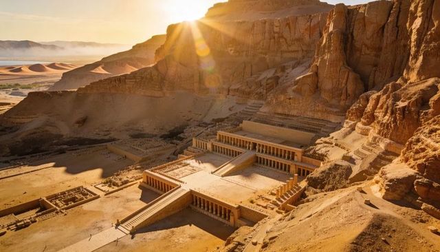 Sunlit mortuary temple of hatshepsut at deir el-bahari, cliffside terraced ancient temple