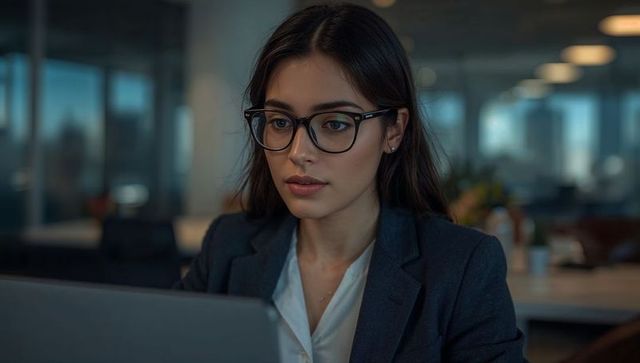 Young professional woman working on laptop in modern open-plan office wearing glasses