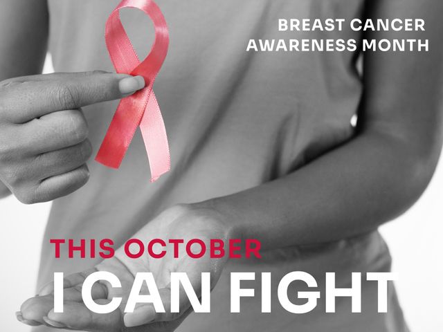 This image is perfect for campaigns and informational materials related to Breast Cancer Awareness Month. The image conveys support and empowerment through the prominent pink ribbon, highlighting the theme of fighting breast cancer. It can be used in social media campaigns, brochures, posters, and websites to promote awareness and encourage early detection and prevention.