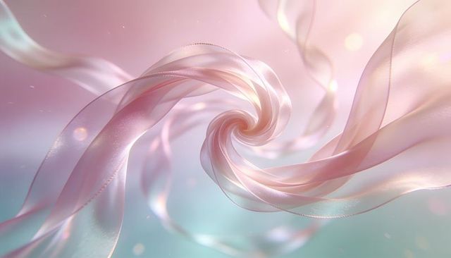 Iridescent silk ribbons twisting into pastel spiral vortex for beauty and luxury design