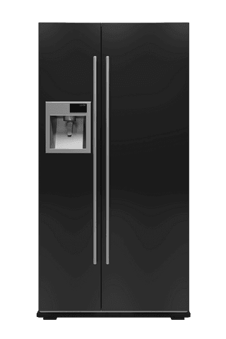 Black side-by-side fridge with ice maker on transparent background