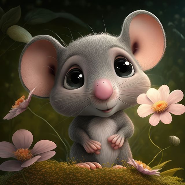 Close up of cute grey mouse with flowers on grey background, created using generative ai technology. Mouse and animal concept digitally generated image.