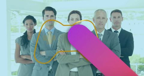 Diverse Corporate Team in Modern Office with Vibrant Graphic Overlay