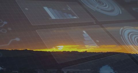 Sunset Over Hills with Digital Data Visualization Intersection