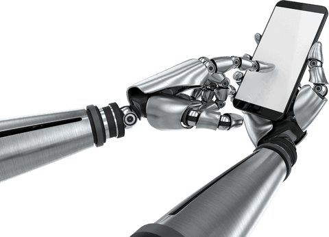 Robotic hands using smartphone with copy space on transparent background