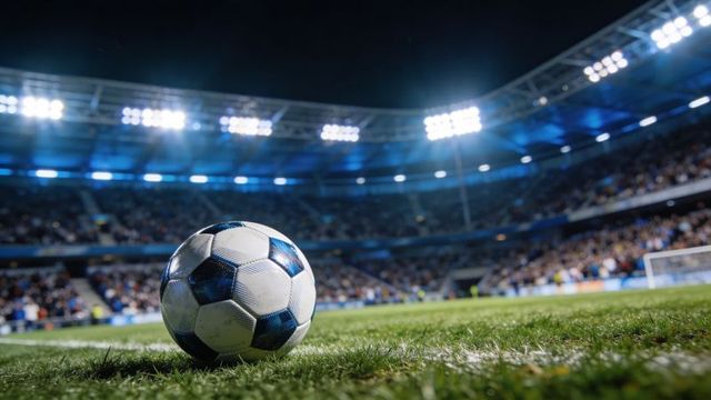Resting soccer ball on grass under stadium lights with cheering crowd at night