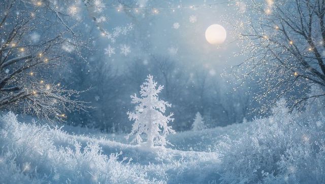Moonlit frosted evergreen glowing in snowy clearing with twinkling fairy lights