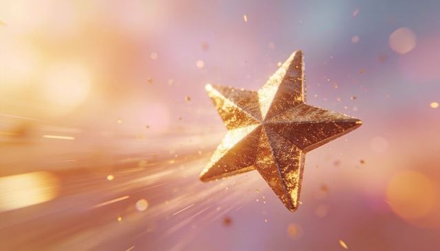 Glittering faceted gold star soaring through pastel bokeh with sparkling motion trails
