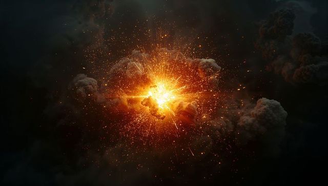 Fiery Explosion Releasing Bright Sparks and Embers with Shockwave Halo in Dark Sky