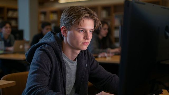 Focused teen using desktop computer in school library studying and researching