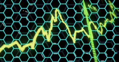 Pulsing Neon Hex Grid with Yellow-Green Waveform Moving Across Futuristic Data HUD