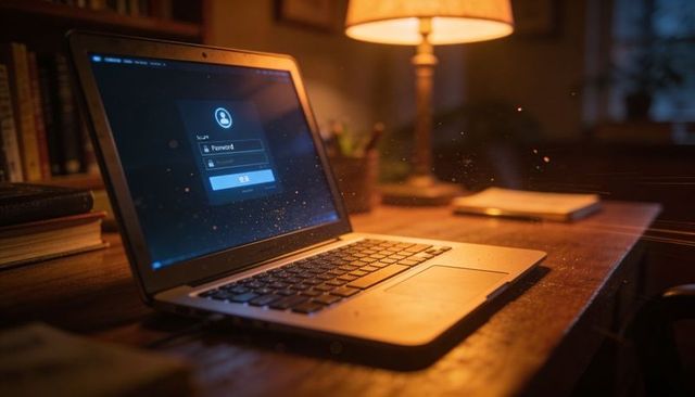 Laptop displaying login screen on warm wooden desk at dusk with lamp glow