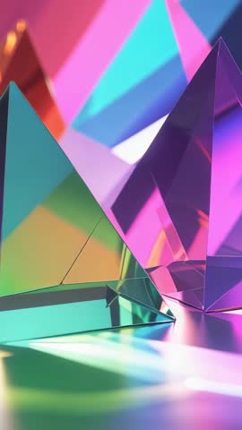 Vertical video panning across purple and green prisms refracting neon light