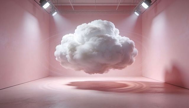 Levitating fluffy cumulus in pastel pink studio with dramatic spotlights, minimal surreal