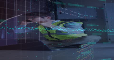 Asian Man Analyzing Data and Trading with Digital Overlay