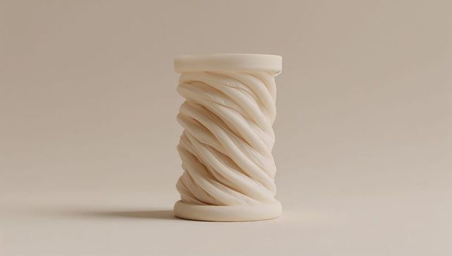 Cream spiral column sculpture with twisting grooves minimalist monochrome studio prop