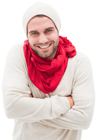 Happy Man in Warm Clothing Wrapping Arms Cozy with Transparent Background