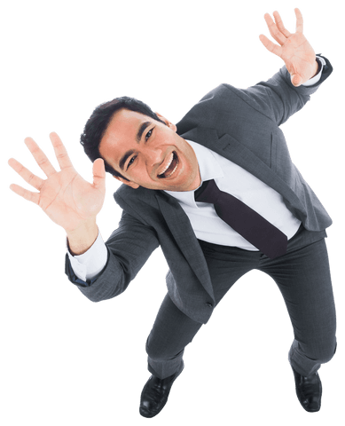 Transparent Joyful Businessman Raising Hands with Excitement