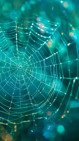 Spider Web Catching Dew and Shifting Light in Garden Vertical Macro Video Loop