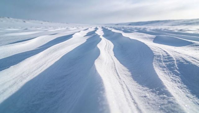 Wind-Sculpted Snow Ridges Stretching to Distant Horizon on Arctic Tundra Plain in Dawn Light