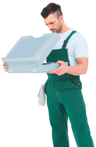 transparent male repairman opening toolbox in green overalls - Download Free Stock Videos Pikwizard.com
