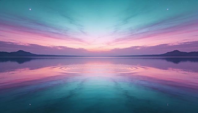 Reflecting pastel twilight lake with concentric ripples and mountain horizon, serene symmetry