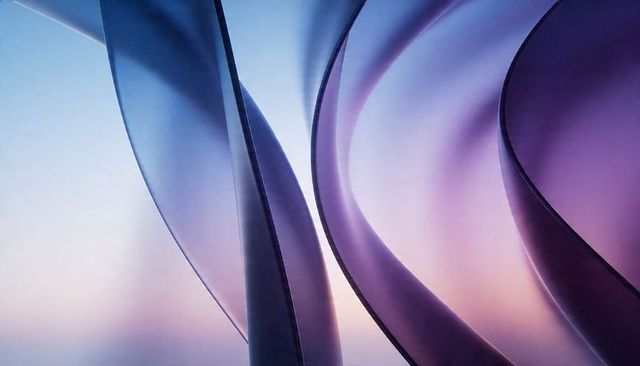 Translucent ribbon waves forming layered depth in purple and blue gradient backlight