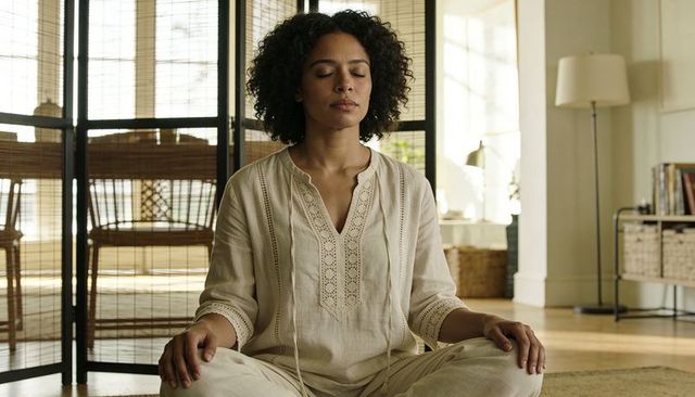 Meditating woman practicing mindfulness at home wearing linen tunic and loose pants