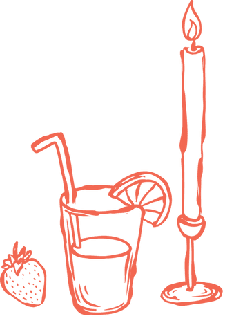 Red line art of citrus drink and candle on transparent background