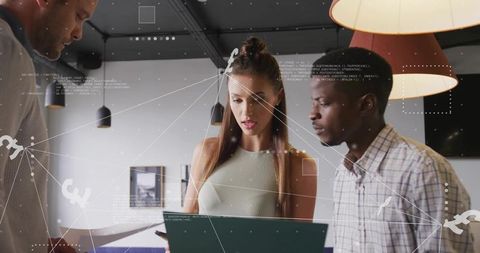 Multidisciplinary team collaborating on data-driven project with digital network overlay