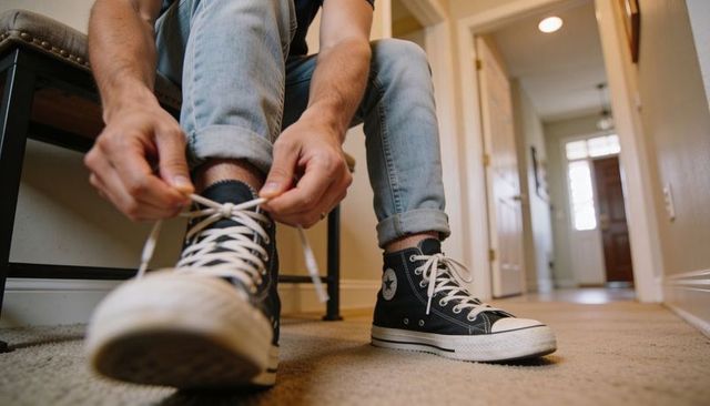 Man tying sneaker laces in home hallway wearing rolled jeans and black high-top sneakers casual life