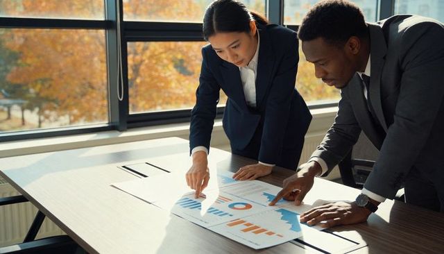 Business professionals analyzing financial charts and performance data during meeting