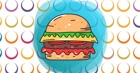 Colorful Burger Cartoon Art on Circular Pattern Background