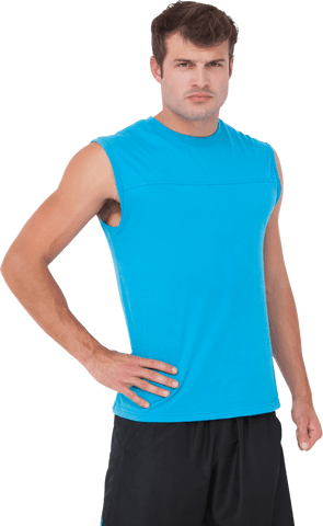 Fit Man in Blue Sleeveless Shirt with Confident Stance on Transparent Background
