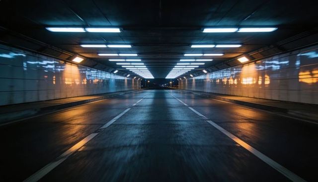 Empty Underground Tunnel Road Stretching to Vanishing Point with Wet Reflective Pavement