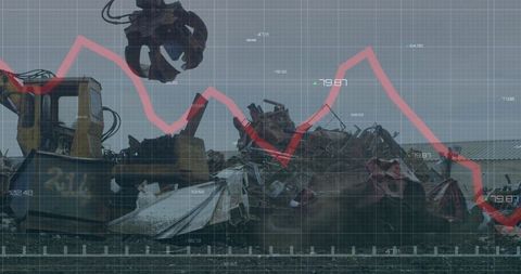Cranes operating in junkyard with overlaid financial graph