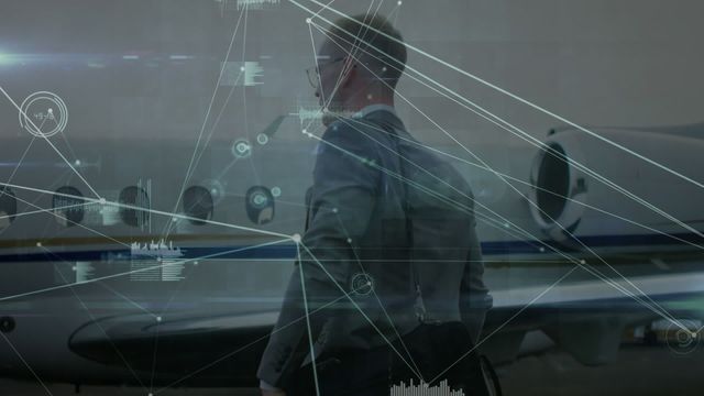 Animation of network of connections over caucasian businessman people at airport. Global business, connections and digital interface concept digitally generated video.