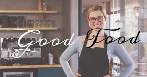 Smiling Chef in Kitchen with Good Food Text Overlay