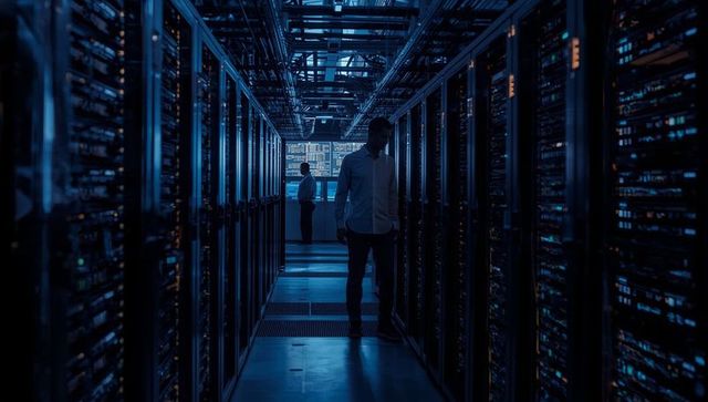 Technician Inspecting Server Racks in a High-Tech Data Center