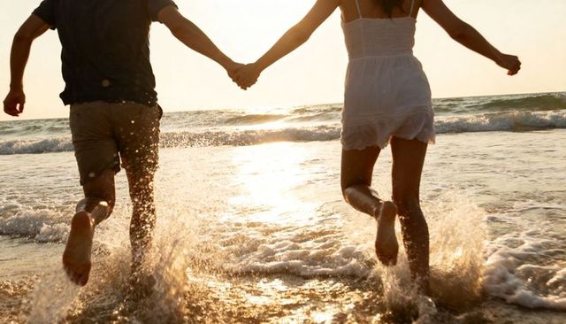 Couple holding hands running through ocean surf at golden sunset