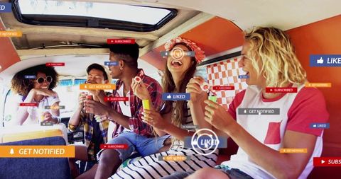 Retro camper van road trip friends laughing and blowing bubbles with social media likes