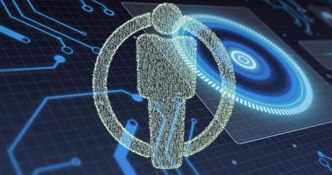 Holographic avatar floating inside neon ring over digital circuit interface