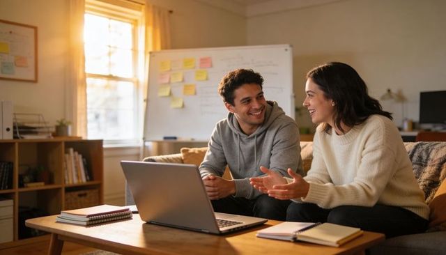 Couple collaborating on laptop in cozy living room whiteboard planning remote study