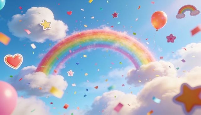 Dreamy pastel rainbow arching across blue sky with floating balloons and confetti