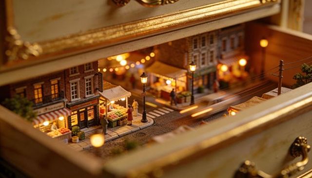 Ornate drawer diorama showing lively night market with miniature stalls and light trails