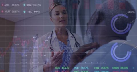 Diverse Doctor Analyzing Patient with Integrated Stock Market Data