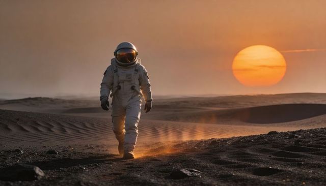 Astronaut Walking across Desert Dunes at Sunset with Golden Visor Reflection