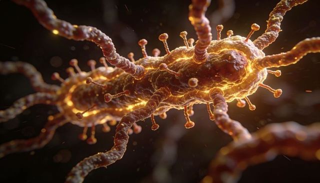 Glowing bacillus emitting twisting filaments, high-detail microscopic 3d render