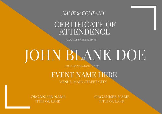 This elegant certificate template features a bold and formal design ideal for various awards and event recognitions. The modern layout allows for customization with recipient's name, event name, organizer details, and venue information. Perfect for corporate ceremonies, educational accolades, and other formal events.