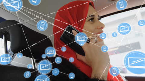 Woman in Hijab Using Smartphone with Digital Network Icons